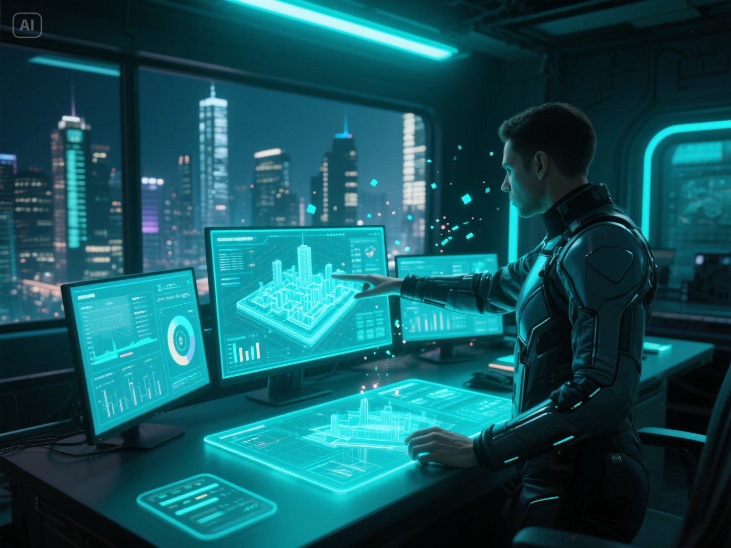 jimeng-2025-06-03-9106-Night scene_ Analyst in high-tech control room. Modern city skyline visible t....jpeg
